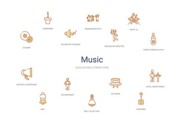 Müzik konsepti 14 renkli taslak simgeleri. 2 renk mavi vuruş ico