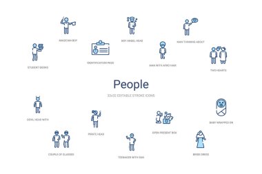 İnsanlar konsept 14 renkli taslak simgeleri. 2 renk mavi kulaç