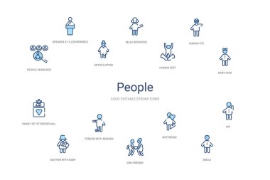 İnsanlar konsept 14 renkli taslak simgeleri. 2 renk mavi kulaç