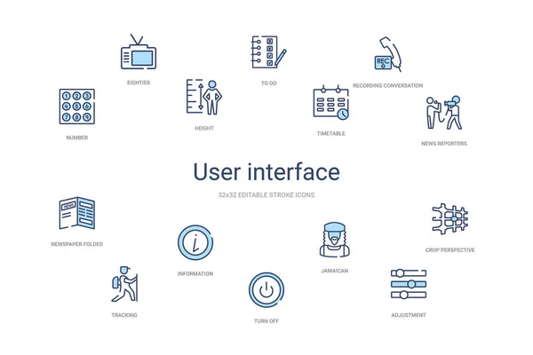 Conceito de interface de usuário 14 ícones de contorno coloridos. 2 cor azul s —  Vetores de Stock