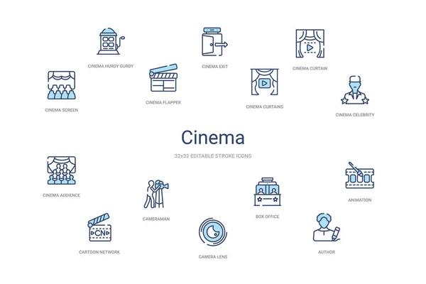 Concepto de cine 14 iconos de contorno de colores. 2 color azul trazo ic — Vector de stock