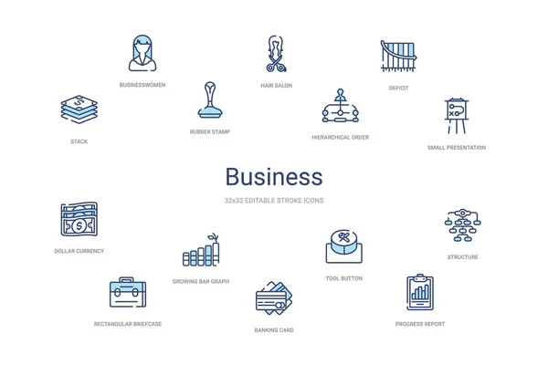 Business concept 14 colorful outline icons. 2 color blue stroke — 스톡 벡터