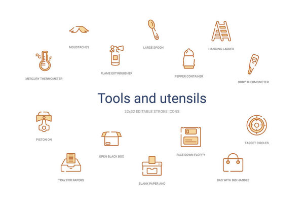 Концепция инструментов и посуды 14 красочных значков контуров. 2 цвета
