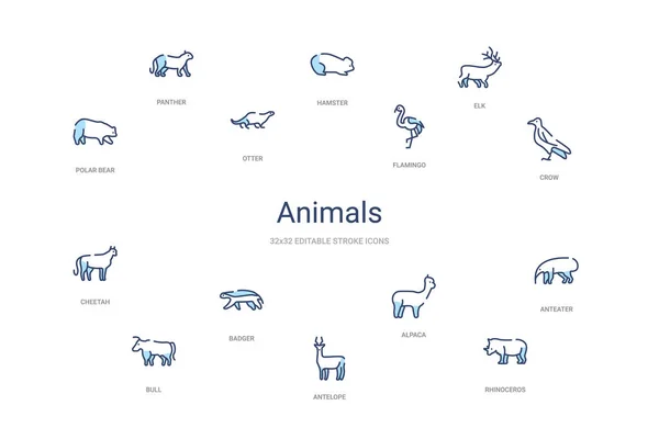 Concepto de animales 14 iconos de contorno de colores. 2 color azul trazo i — Vector de stock