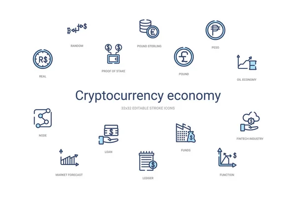 Concepto de economía criptomoneda 14 iconos contorno colorido. 2 colo — Vector de stock