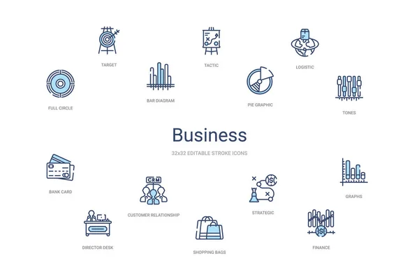 商业概念14多彩的轮廓图标。 2色蓝色笔划 — 图库矢量图片