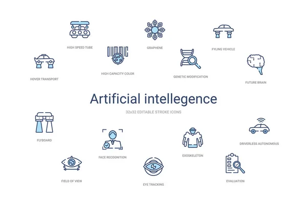 Artificiell intellegence koncept 14 färgglada konturikoner. 2 kol — Stock vektor