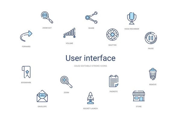 Концепція інтерфейсу користувача 14 барвистих контурів піктограм. 2 кольоровий синій s — стоковий вектор