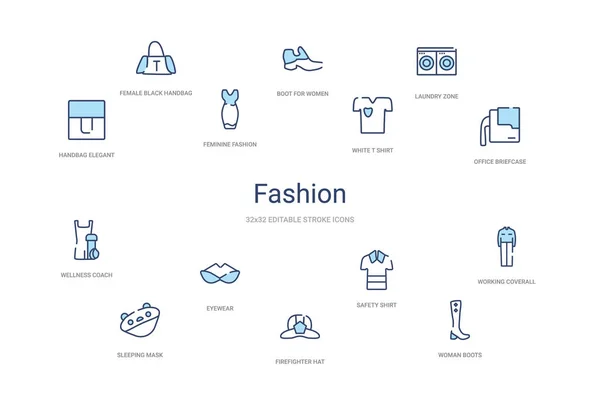 Fashion concept 14 colorful outline icons. 2 color blue stroke i — 스톡 벡터