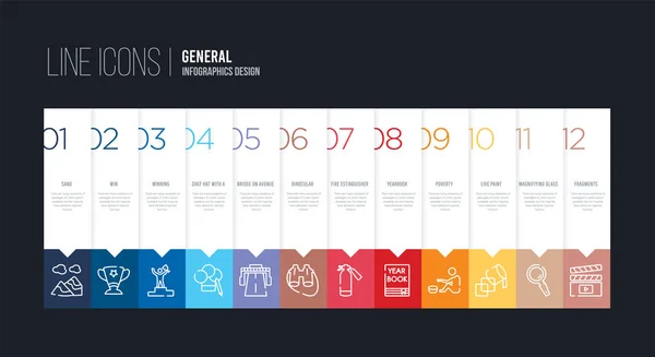 Infografik-Design mit 12 Optionen. Strichlinien-Symbole wie bi — Stockvektor