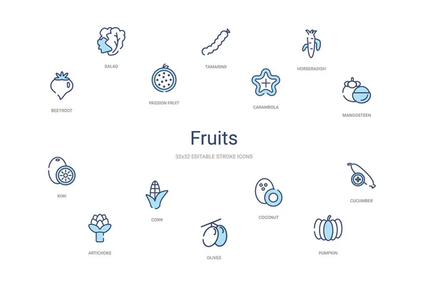 Früchte Konzept 14 bunte Umrisse Symbole. 2 Farbe blauer Strich ic — Stockvektor