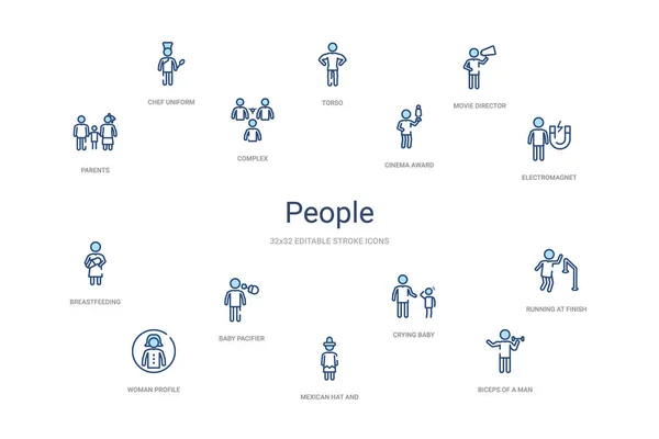 Concept de personnes 14 icônes de contour coloré. 2 couleur bleu AVC ic — Image vectorielle