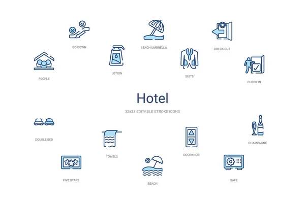 Hotel concept 14 colorful outline icons. 2 color blue stroke ico — Stock Vector