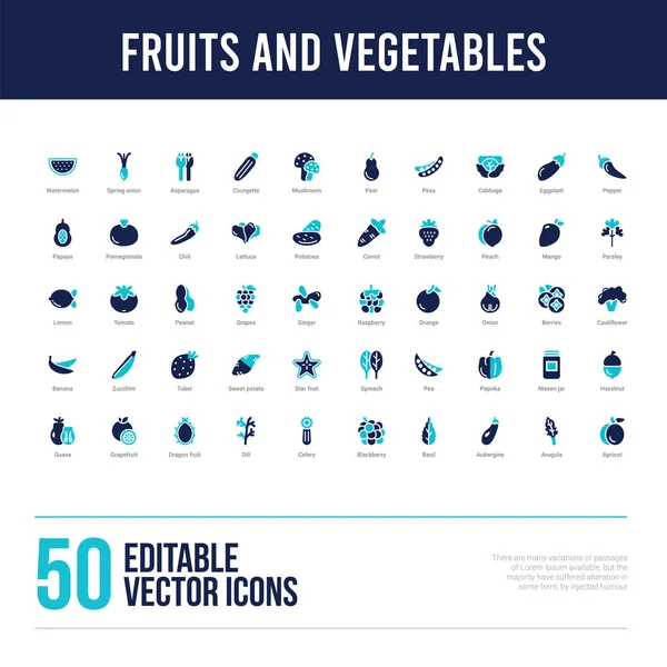50 fruits and vegetables concept filled icons — Stock Vector