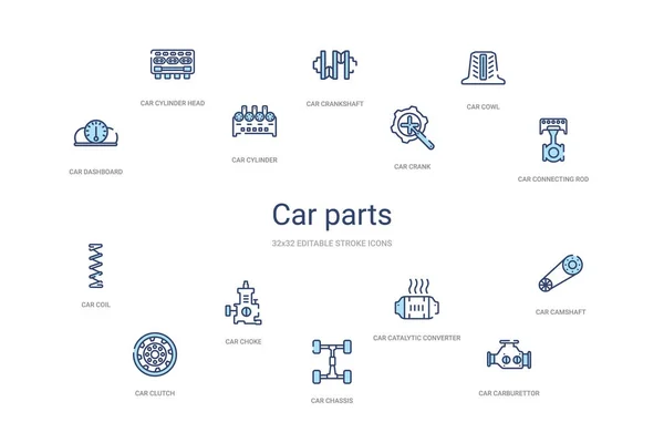 Car parts concept 14 colorful outline icons. 2 color blue stroke — Stock Vector