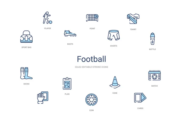 Conceito de futebol 14 ícones esboço colorido. 2 cor azul acidente vascular cerebral — Vetor de Stock