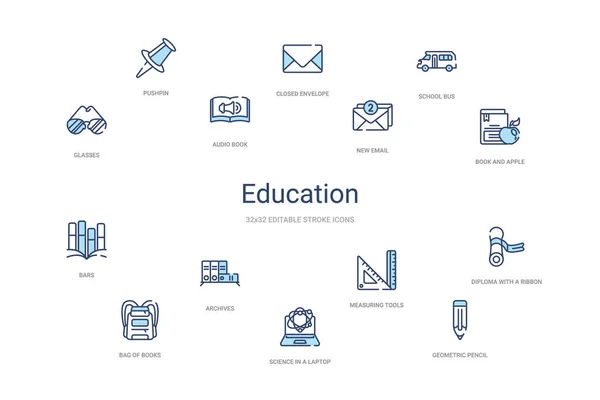 Concepto de educación 14 iconos de contorno de colores. 2 color azul trazo — Archivo Imágenes Vectoriales