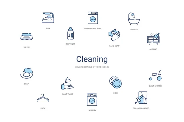 Cleaning concept 14 colorful outline icons. 2 color blue stroke — 스톡 벡터