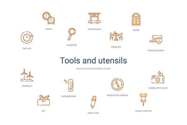 Концепция инструментов и посуды 14 красочных значков контуров. 2 цвета
