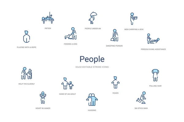 People concept 14 kleurrijke schets pictogrammen. 2 kleuren blauw streep ic — Stockvector