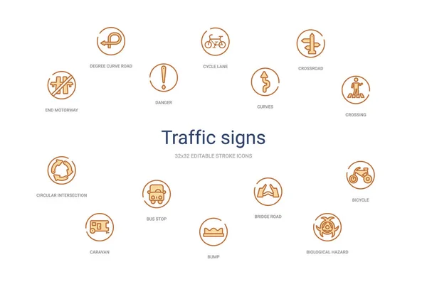 Concepto de señales de tráfico 14 iconos de contorno de colores. 2 colores azul st — Vector de stock