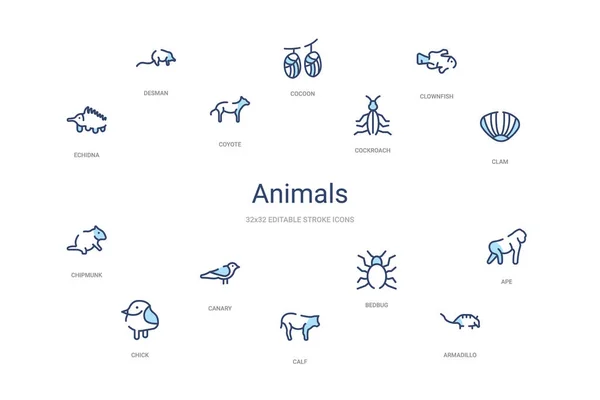 Animals concept 14 colorful outline icons. 2 color blue stroke i — 스톡 벡터