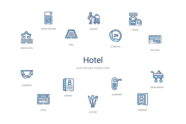 Hotel concept 14 colorful outline icons. 2 color blue stroke ico — 스톡 벡터