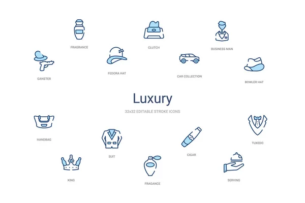 Concept de luxe 14 icônes contour coloré. 2 couleur bleu AVC ic — Image vectorielle