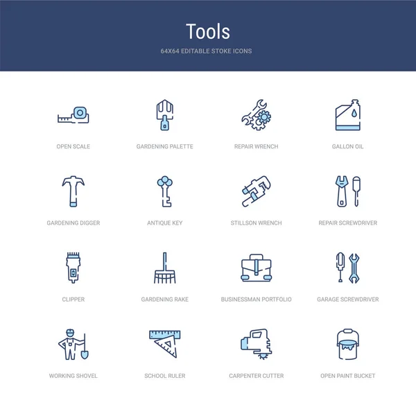 Conjunto de 16 iconos de trazo vectorial como cubo de pintura abierto, carpintero — Vector de stock