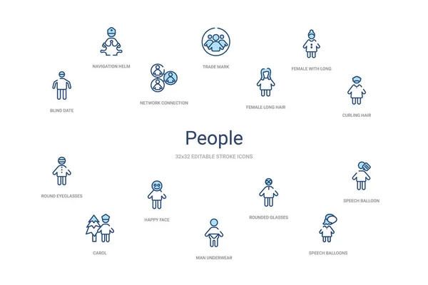 Lidé koncept 14 barevné osnovy ikony. 2 barvy modrý tah ic — Stockový vektor