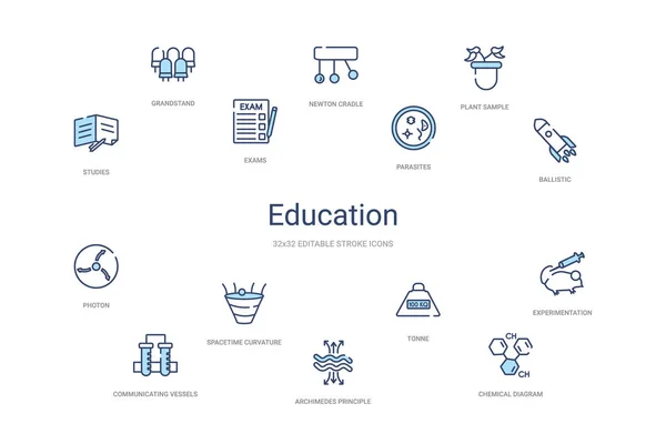 Concepto de educación 14 iconos de contorno de colores. 2 color azul trazo — Archivo Imágenes Vectoriales