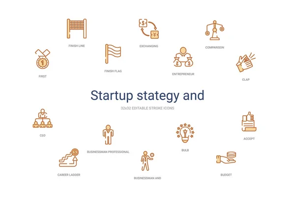 Startup stategy et concept 14 icônes contour coloré. 2 couleurs b — Image vectorielle