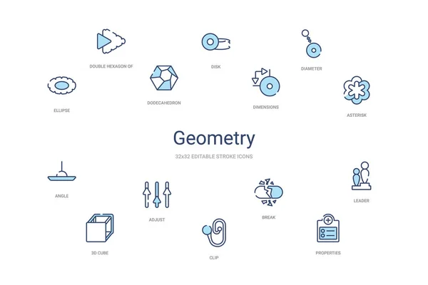 Geometrie concept 14 kleurrijke outline iconen. 2 kleuren blauwe streep — Stockvector