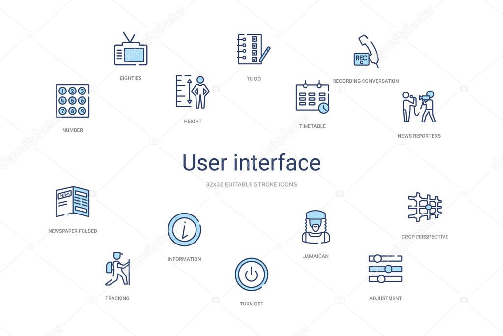 User interface concept 14 colorful outline icons. 2 color blue stroke icons