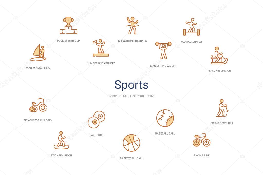 sports concept 14 colorful outline icons. 2 color blue stroke ic