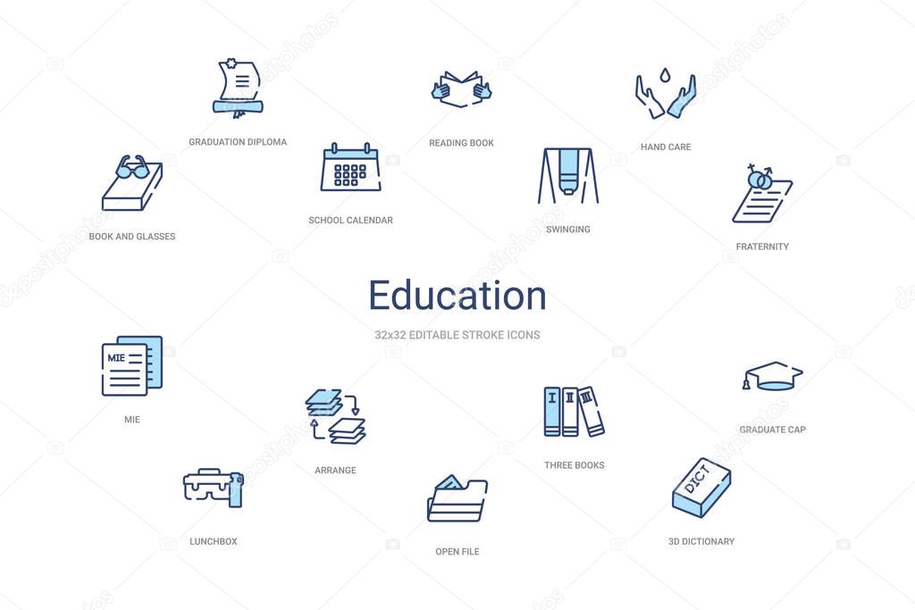 education concept 14 colorful outline icons. 2 color blue stroke