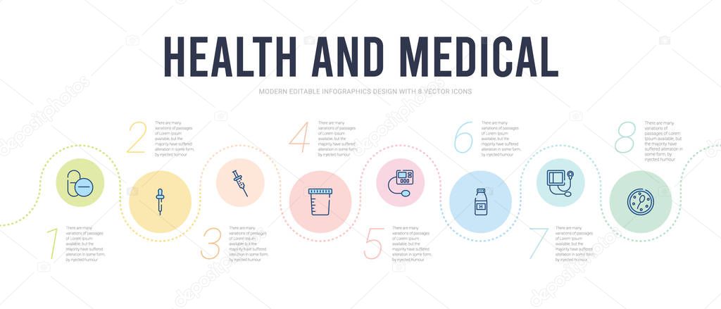 Health and medical concept infographic design template. included spermatozoon, sphygmomanometer, syrup, tonometer, urine, injection icons