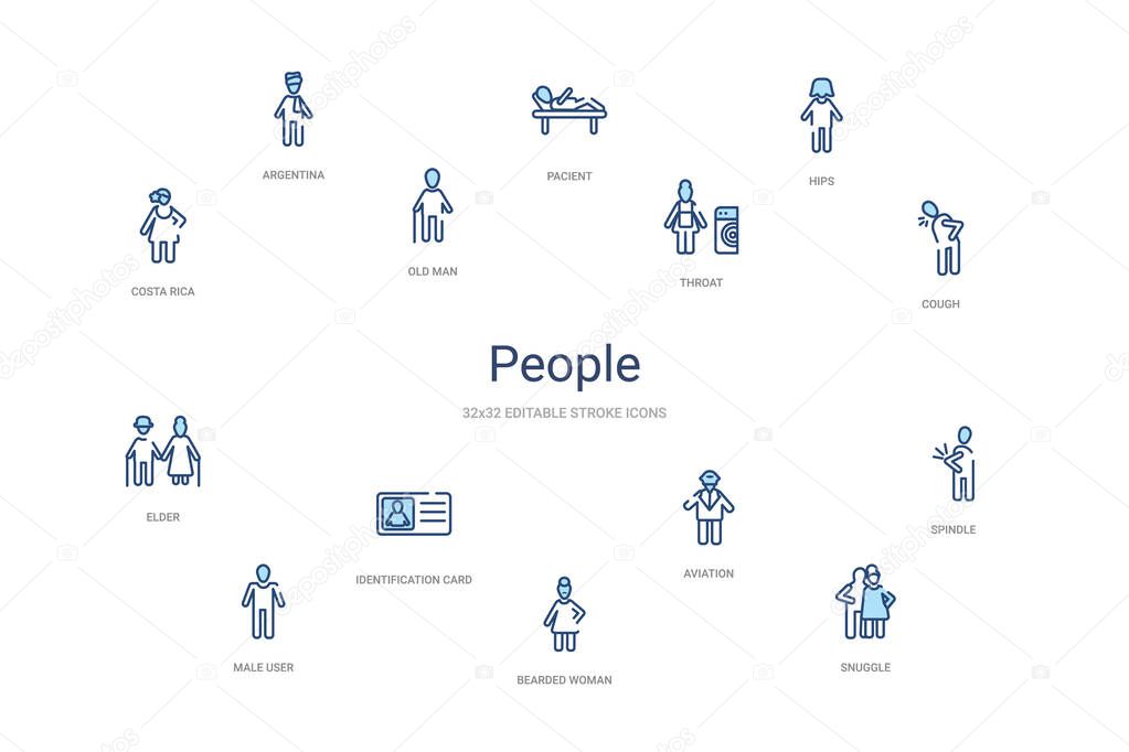 people concept 14 colorful outline icons. 2 color blue stroke ic