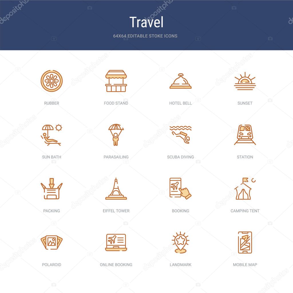 set of 16 vector stroke icons such as mobile map, landmark, onli