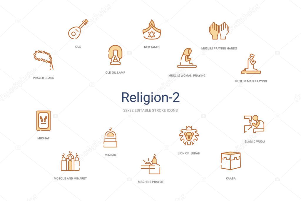 religion-2 concept 14 colorful outline icons. 2 color blue strok