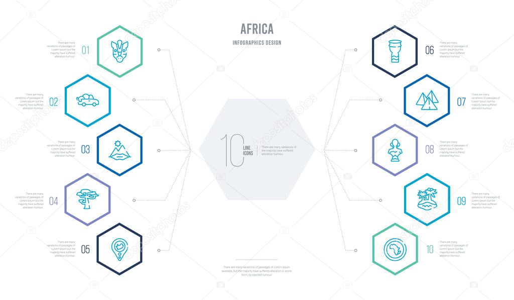 Africa concept business infographic design with 10 hexagon options. outline icons such as africa, oasis, african, pyramids, african drum, baobab