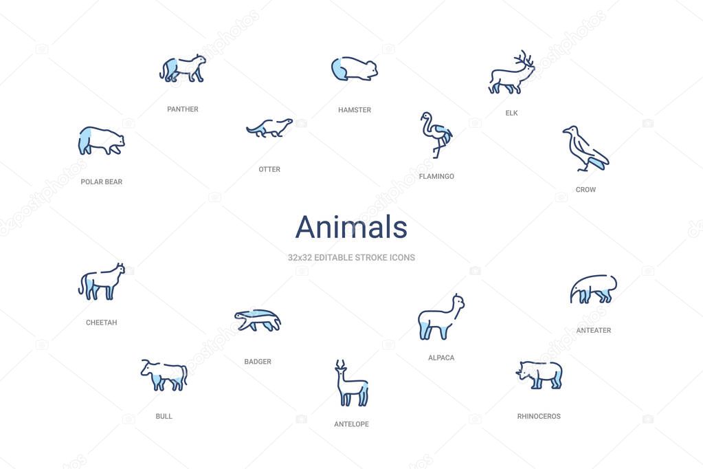 Animals concept 14 colorful outline icons. 2 color blue stroke icons
