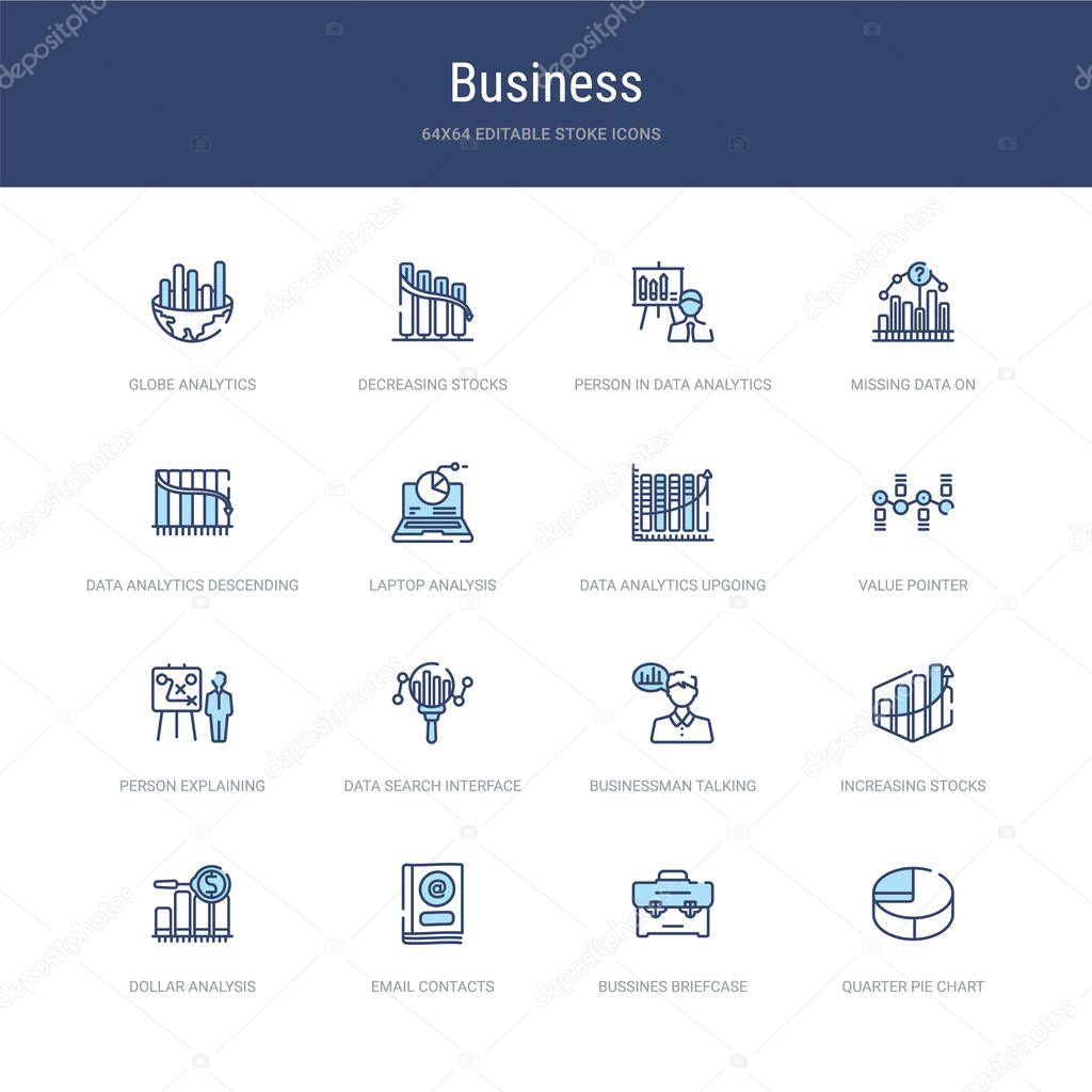 set of 16 vector stroke icons such as quarter pie chart, bussine