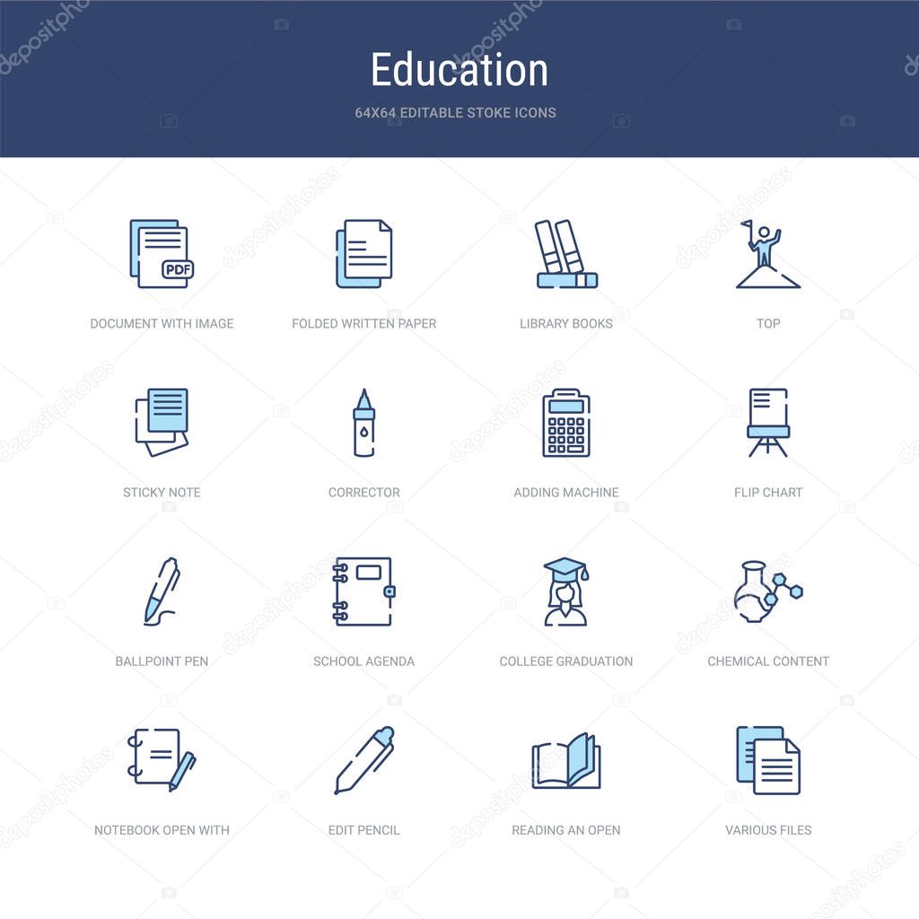 set of 16 vector stroke icons such as various files, reading an 