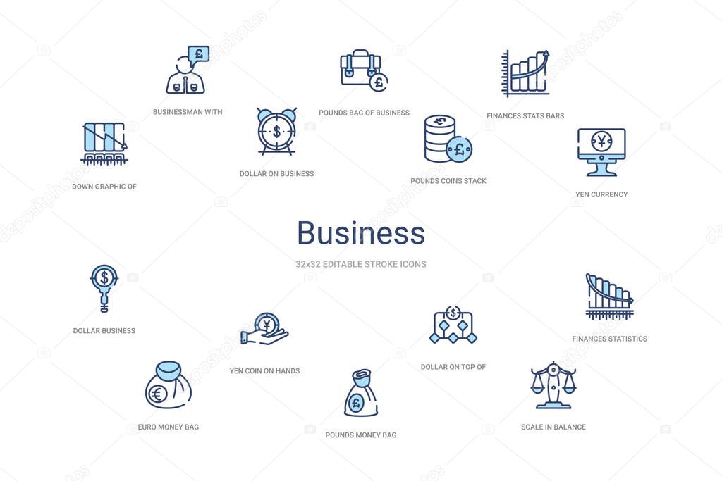 business concept 14 colorful outline icons. 2 color blue stroke 