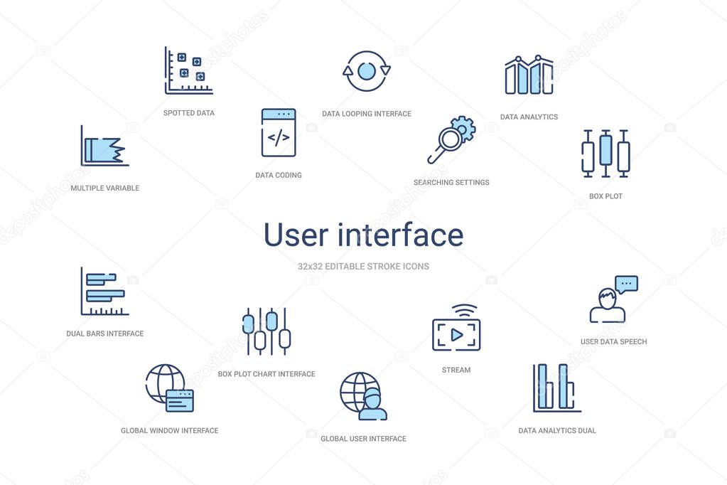 user interface concept 14 colorful outline icons. 2 color blue s