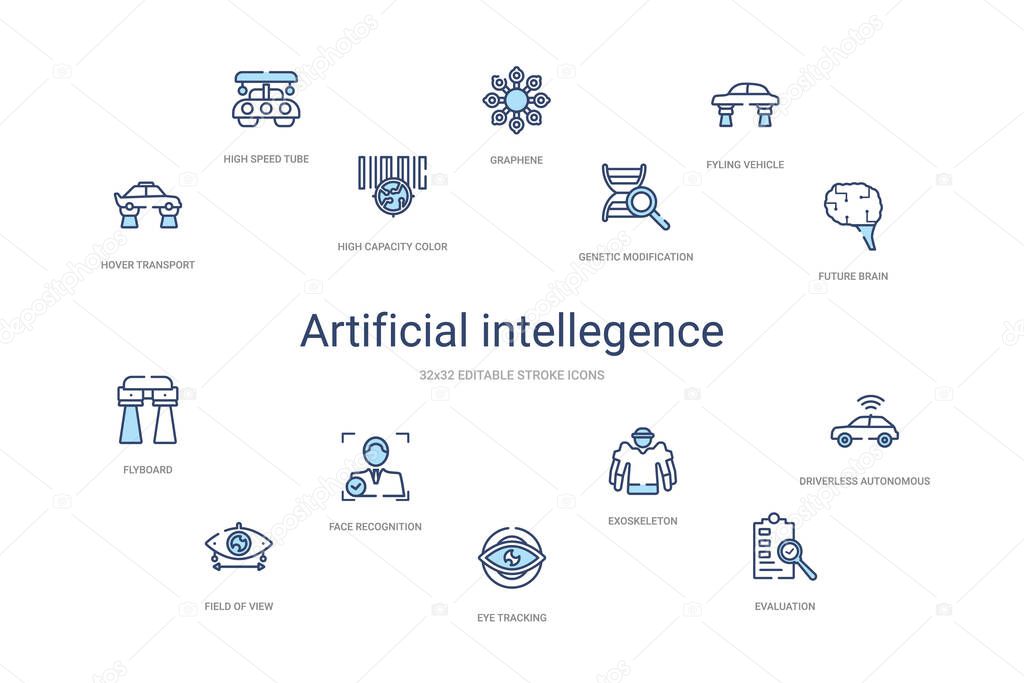 artificial intellegence concept 14 colorful outline icons. 2 col