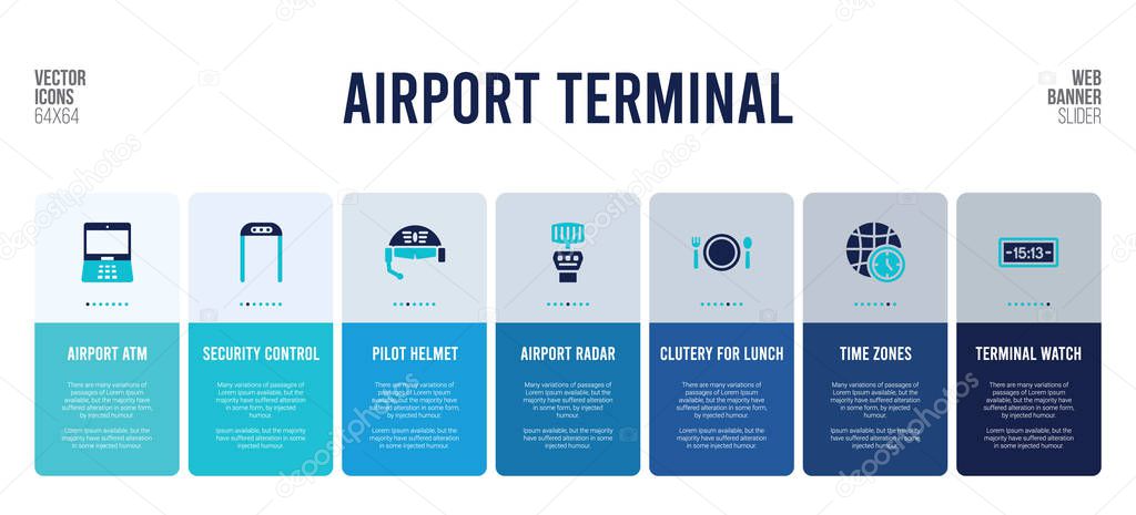 web banner design with airport terminal concept elements.