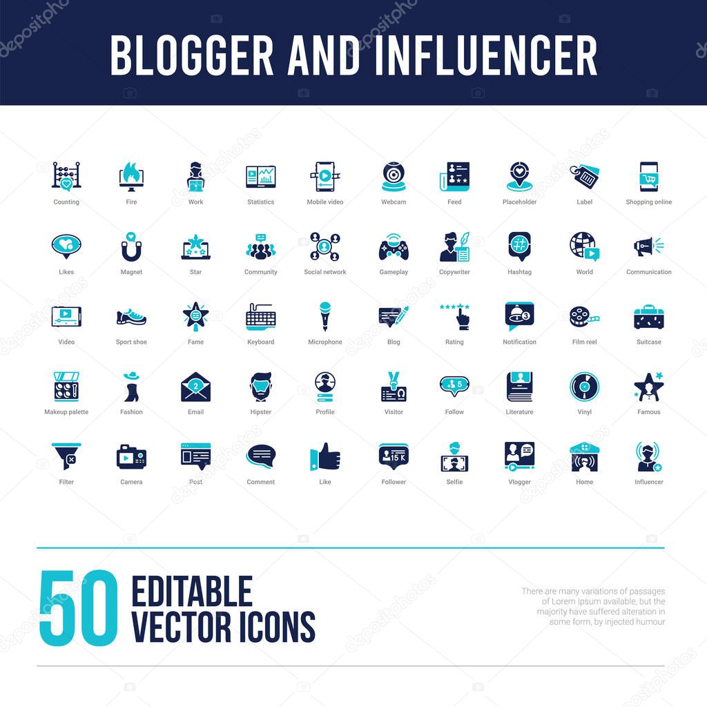 50 blogger and influencer concept filled icons