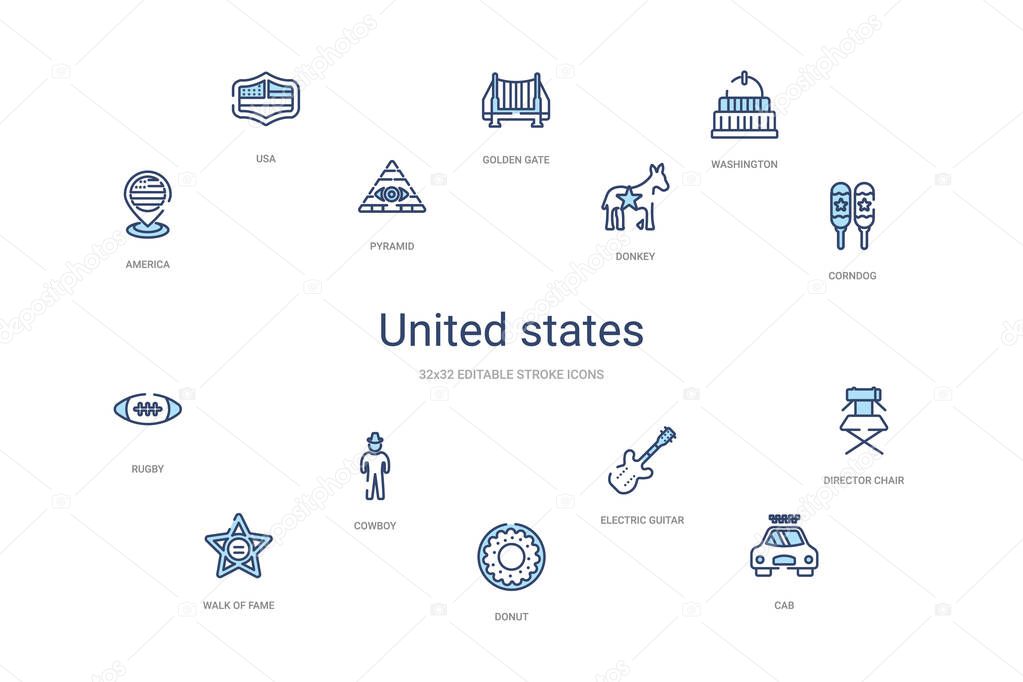 united states concept 14 colorful outline icons. 2 color blue st